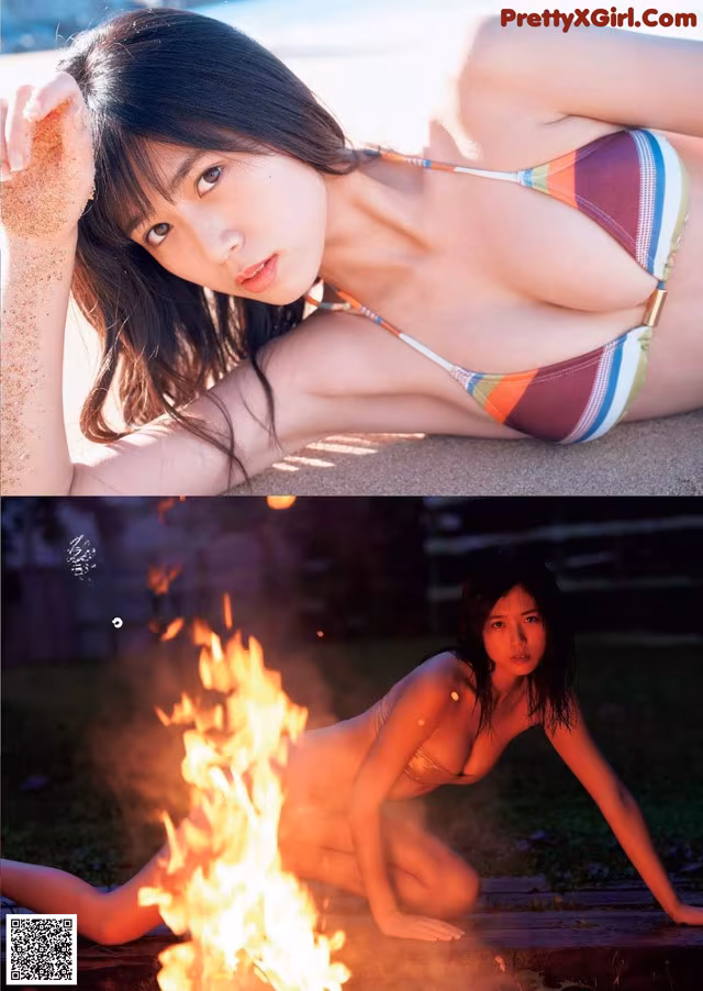 A woman in a bikini laying on the ground next to a fire.