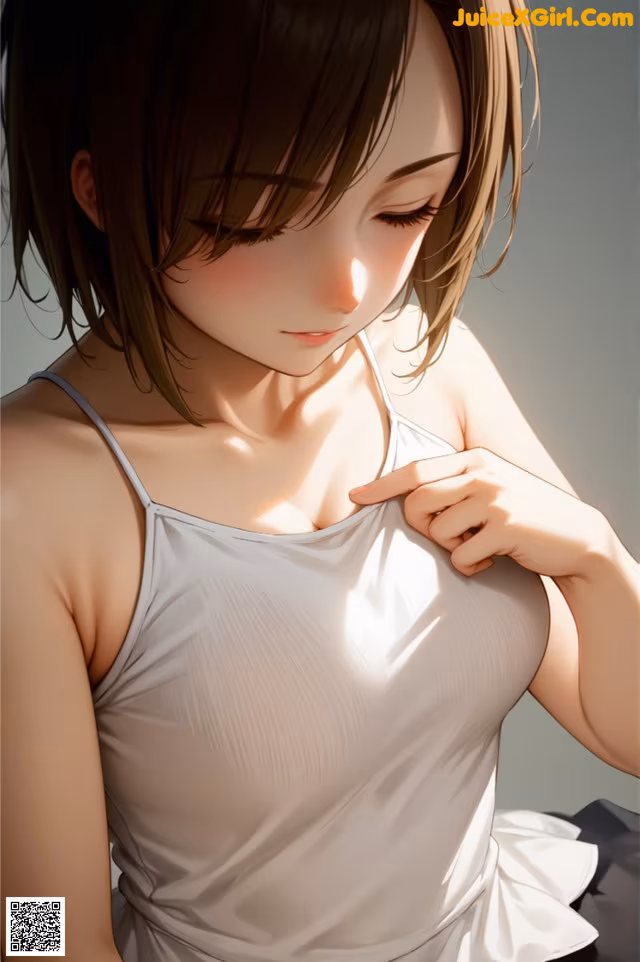 A woman in a white tank top is looking down at her breasts.