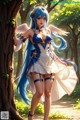 A woman with long blue hair standing next to a tree.