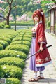 A woman in traditional attire holds a sword, standing on a path with greenery and cherry blossoms.