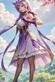 A woman in a purple dress standing in front of a tree.